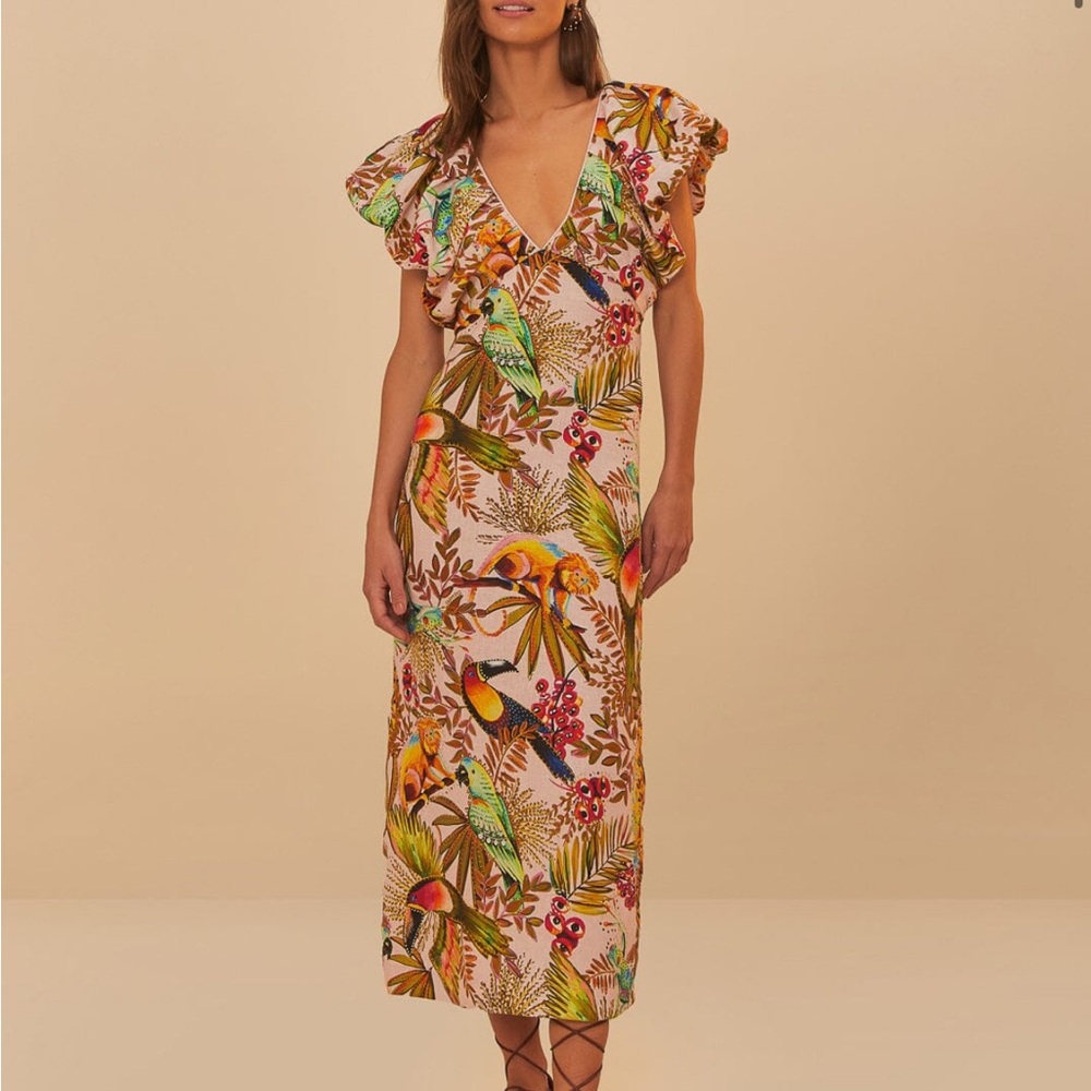 NWT FARM RIO INTO THE JUNGLE PINK SLEEVELESS MIDI DRESS